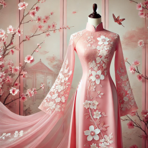Mẫu áo dài truyền thống màu hồng với họa tiết hoa anh đào trắng tinh tế.